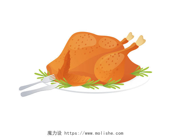 橙色手绘卡通火鸡烤火鸡感恩节美食食物元素PNG素材